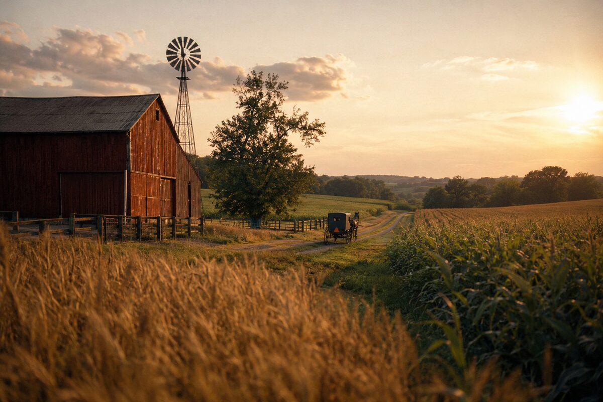 Amish farmstead at golden hour