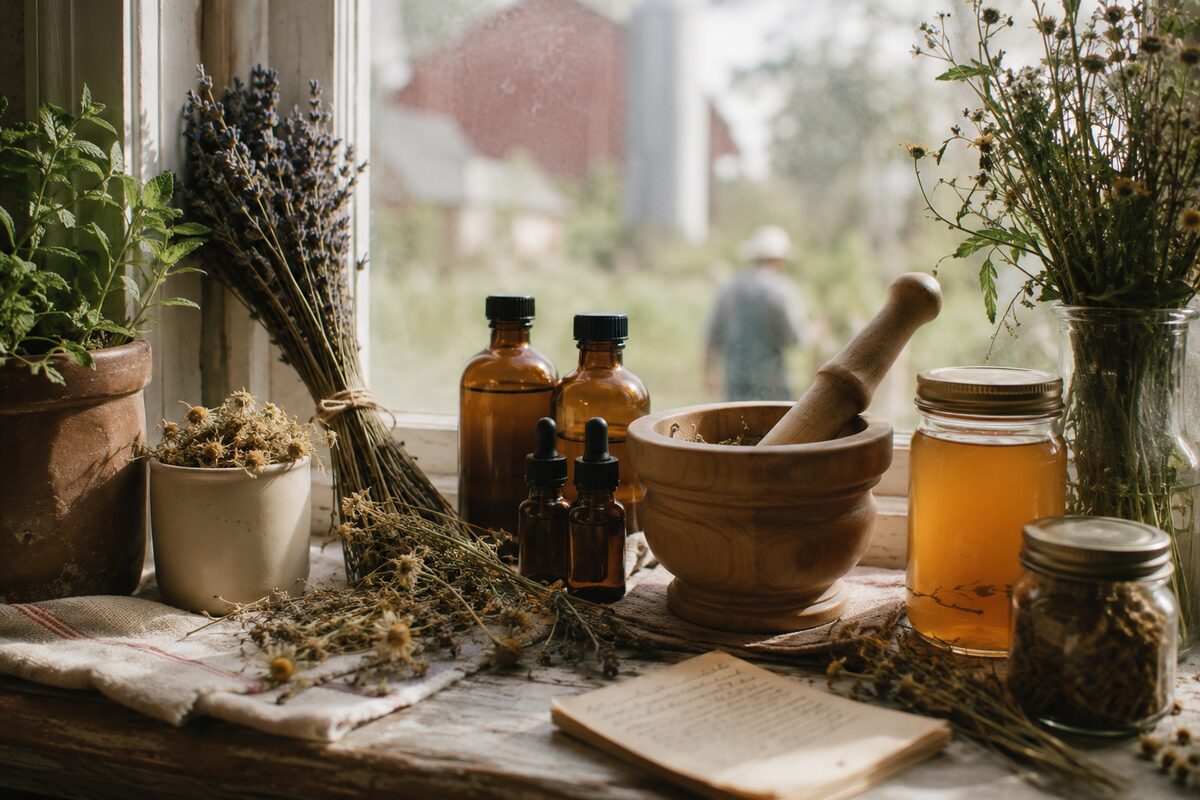 Traditional home remedies on a windowsill